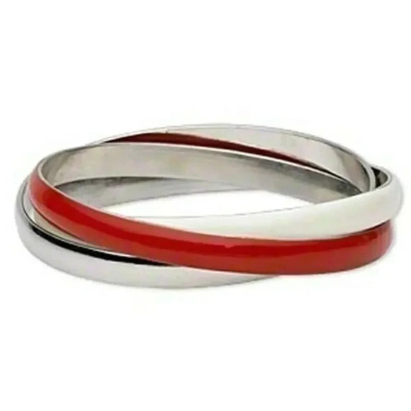 Set of 3 Interlocking Retro Pretty Woman Bangle Bracelets Red White & Silver - Picture 1 of 1